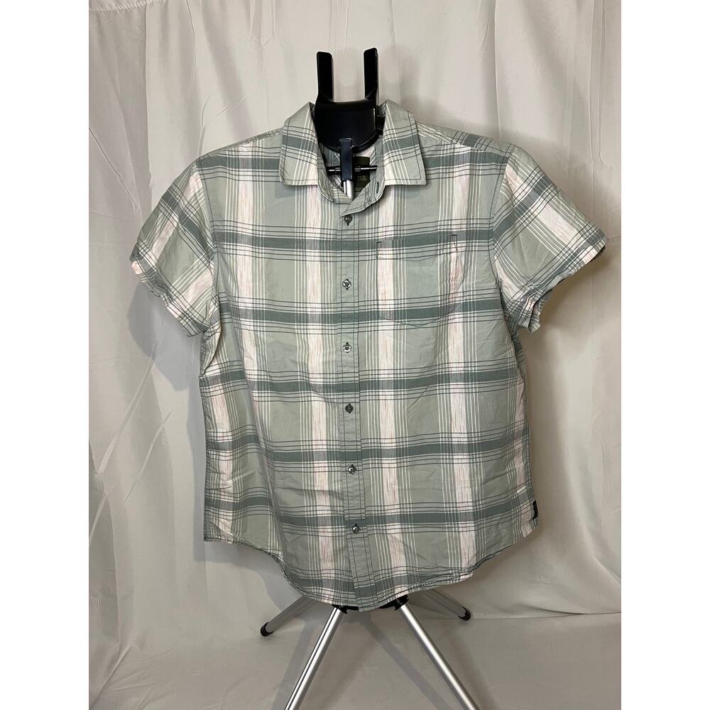 prAna Button Up Short Sleeve Shirt Mens L Green Plaid (B70068)